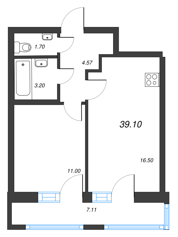 2-комнатная (Евро) квартира, 39.1 м² - планировка, фото №1