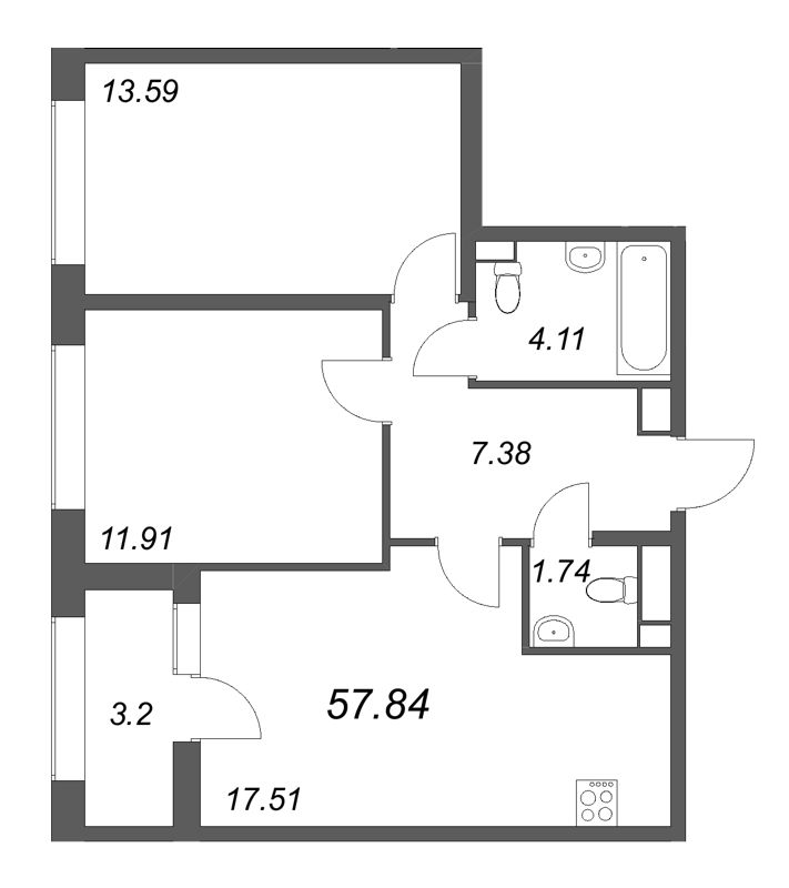 3-комнатная (Евро) квартира, 57.84 м² в ЖК "Аурум" - планировка, фото №1