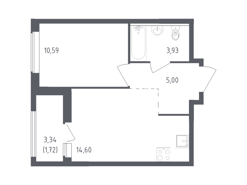 1-комнатная квартира, 35.84 м² - планировка, фото №1
