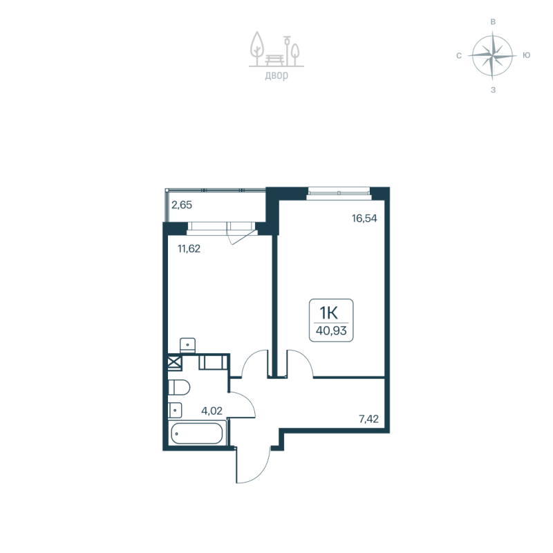 1-комнатная квартира, 40.93 м² в ЖК "Расцветай в Янино" - планировка, фото №1