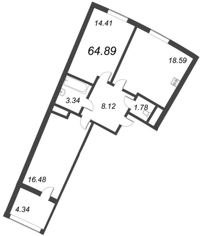 3-комнатная (Евро) квартира, 64.89 м² - планировка, фото №1