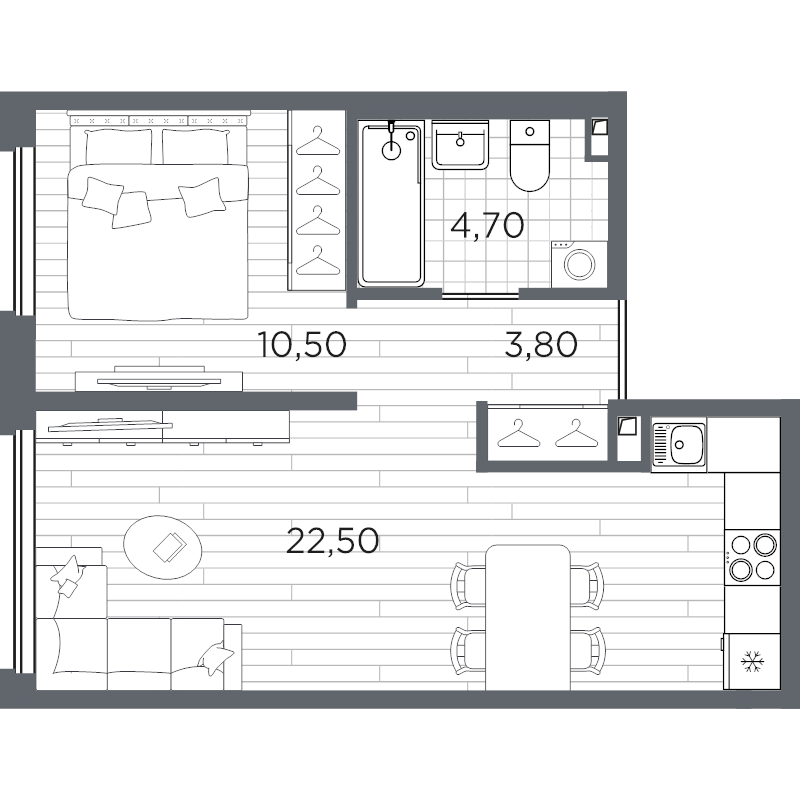 2-комнатная (Евро) квартира, 41.5 м² в ЖК "PLUS Пулковский" - планировка, фото №1