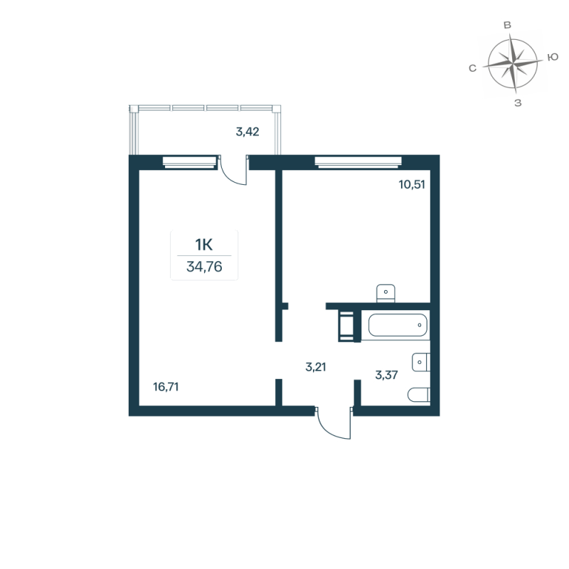 1-комнатная квартира, 34.76 м² - планировка, фото №1