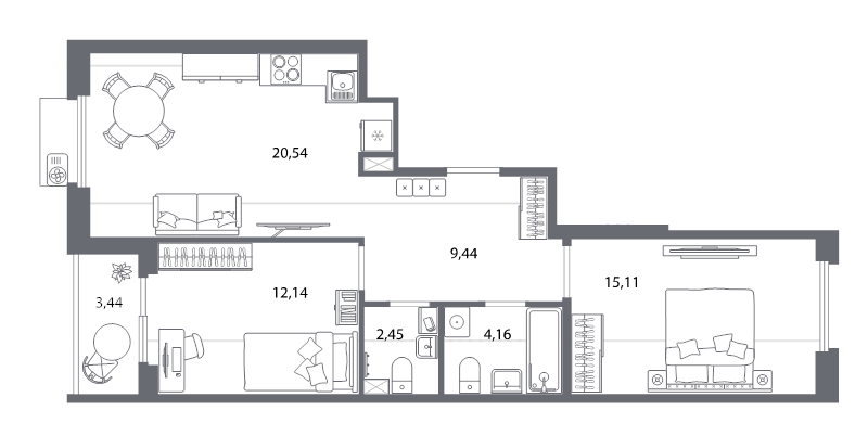 3-комнатная (Евро) квартира, 64.2 м² в ЖК "Респект" - планировка, фото №1