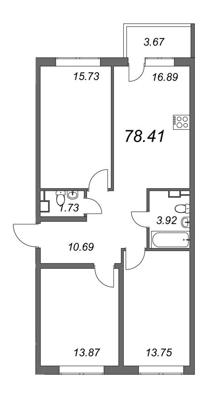 3-комнатная квартира, 79.7 м² - планировка, фото №1