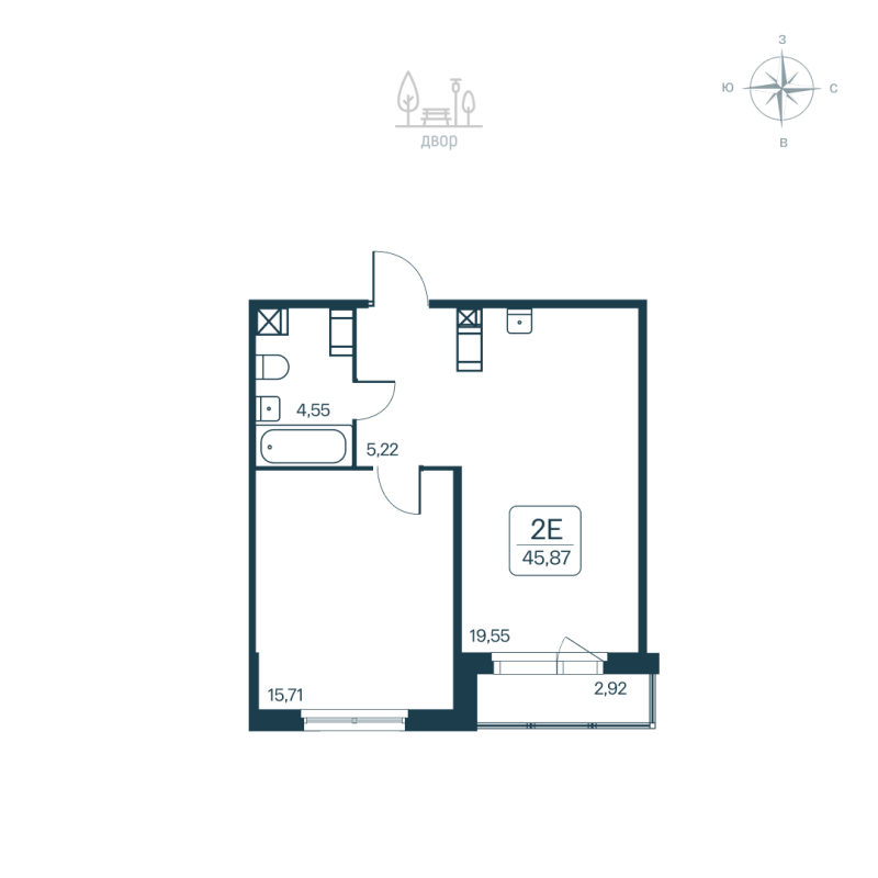 2-комнатная (Евро) квартира, 45.87 м² - планировка, фото №1