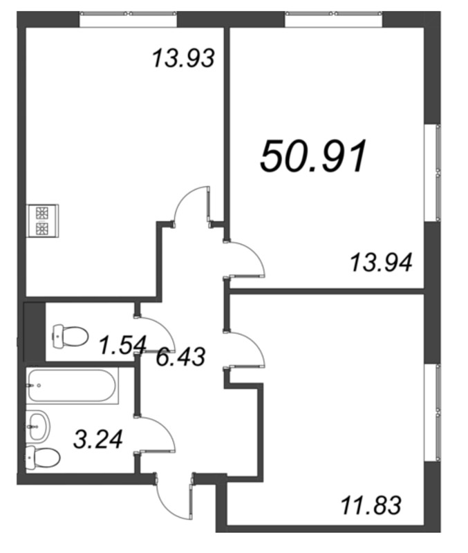 2-комнатная квартира, 50.91 м² - планировка, фото №1