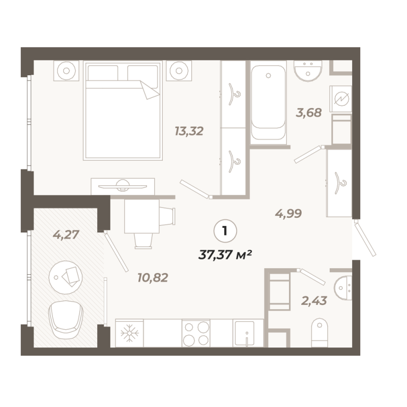 1-комнатная квартира, 37.37 м² в ЖК "Знатный" - планировка, фото №1