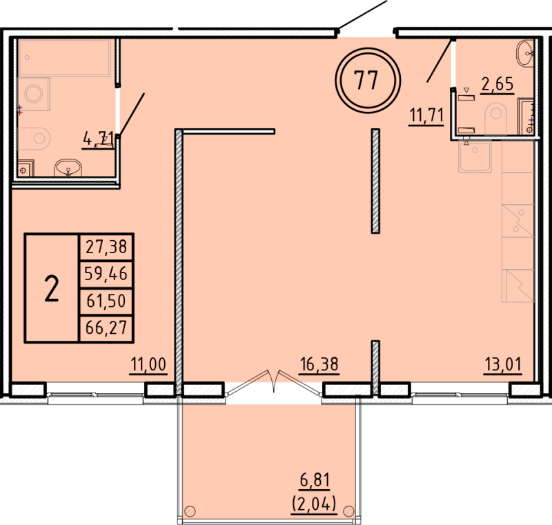2-комнатная квартира, 59.46 м² - планировка, фото №1
