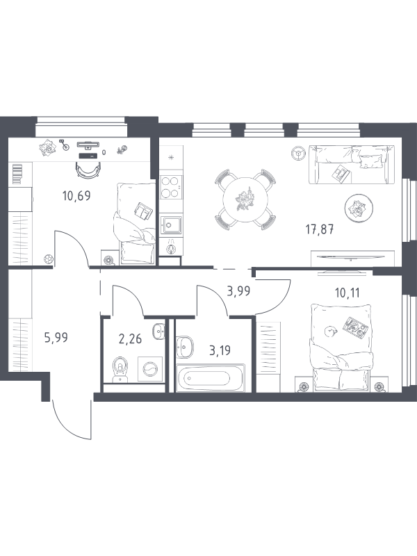 3-комнатная (Евро) квартира, 54.1 м² в ЖК "Новое Колпино" - планировка, фото №1