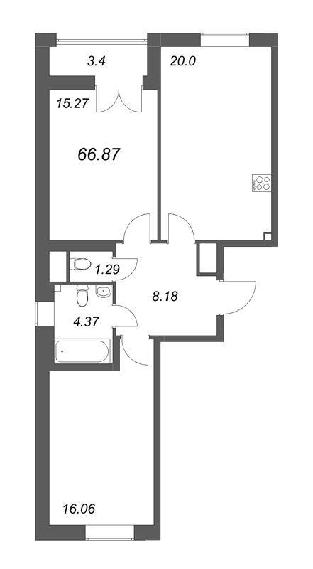 3-комнатная (Евро) квартира, 66.87 м² - планировка, фото №1