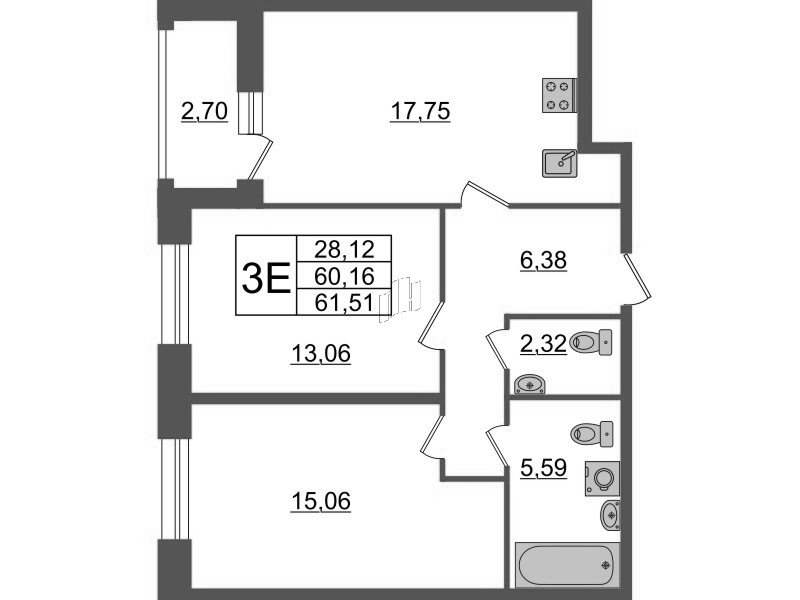 3-комнатная (Евро) квартира, 61.51 м² - планировка, фото №1