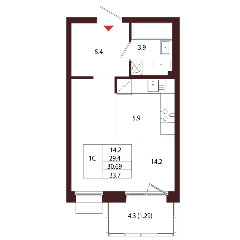 1-комнатная квартира, 30.69 м² в ЖК "Лисино" - планировка, фото №1