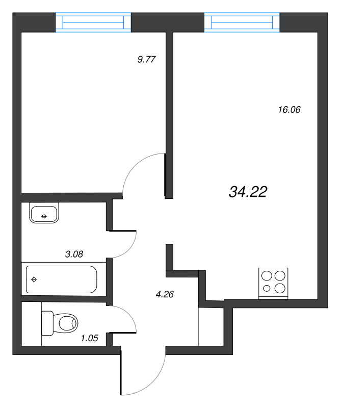 2-комнатная (Евро) квартира, 34.22 м² - планировка, фото №1