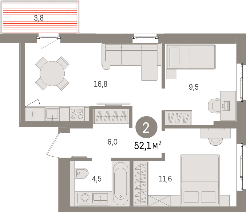 3-комнатная (Евро) квартира, 52.1 м² в ЖК "Брусника в Новоселье" - планировка, фото №1