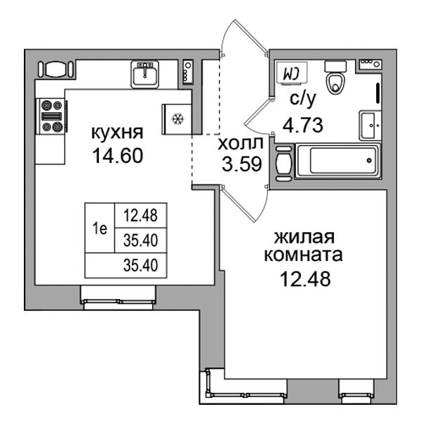 1-комнатная квартира, 34.9 м² в ЖК "Северная Долина" - планировка, фото №1