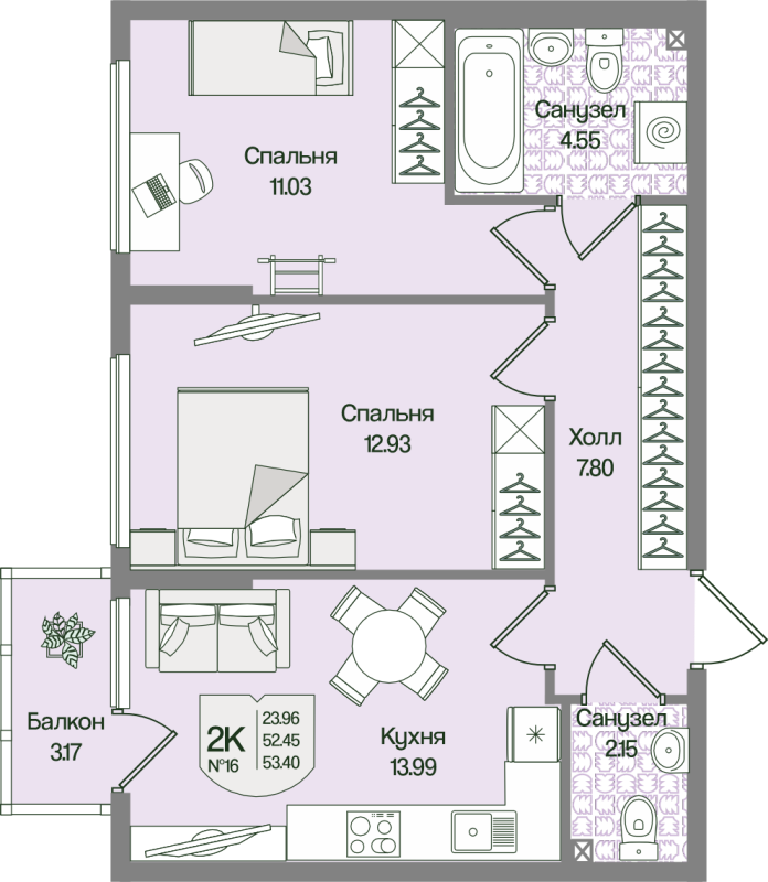 2-комнатная квартира, 53.4 м² в ЖК "Охтинские высоты" - планировка, фото №1
