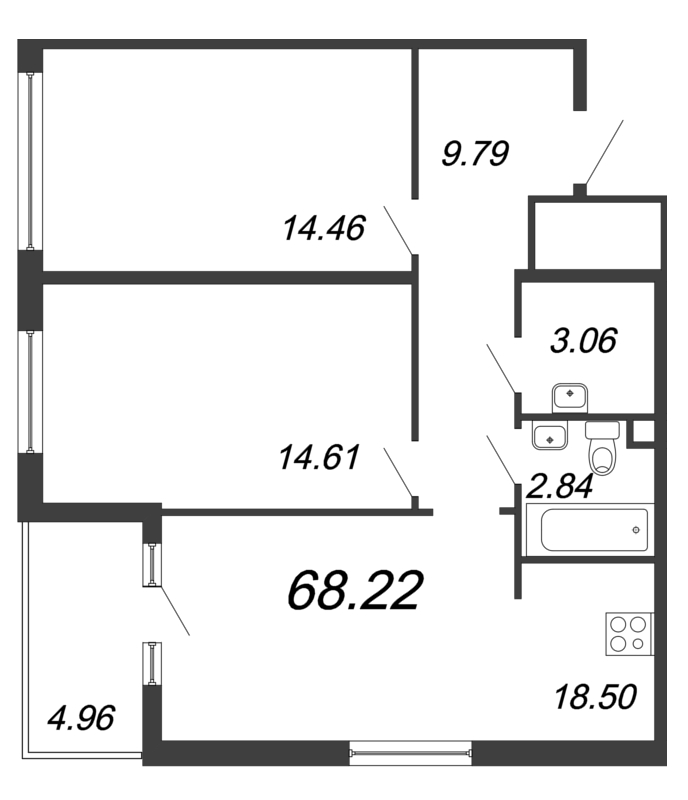 3-комнатная (Евро) квартира, 68.22 м² - планировка, фото №1