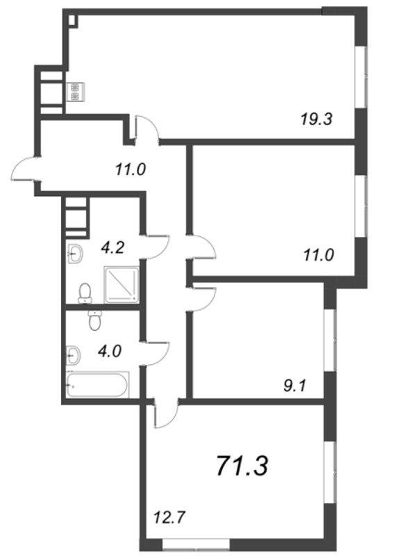 4-комнатная (Евро) квартира, 71.3 м² в ЖК "Парусная 1" - планировка, фото №1