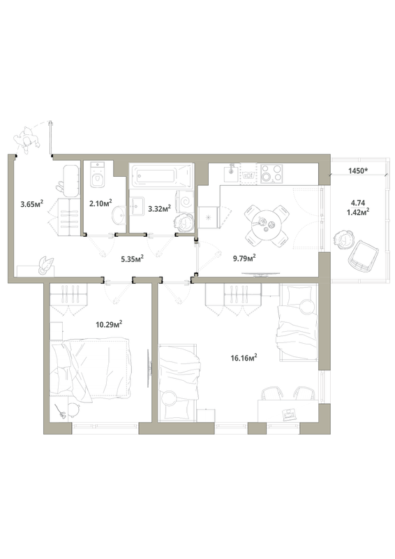 2-комнатная квартира, 52.08 м² в ЖК "Тишин" - планировка, фото №1