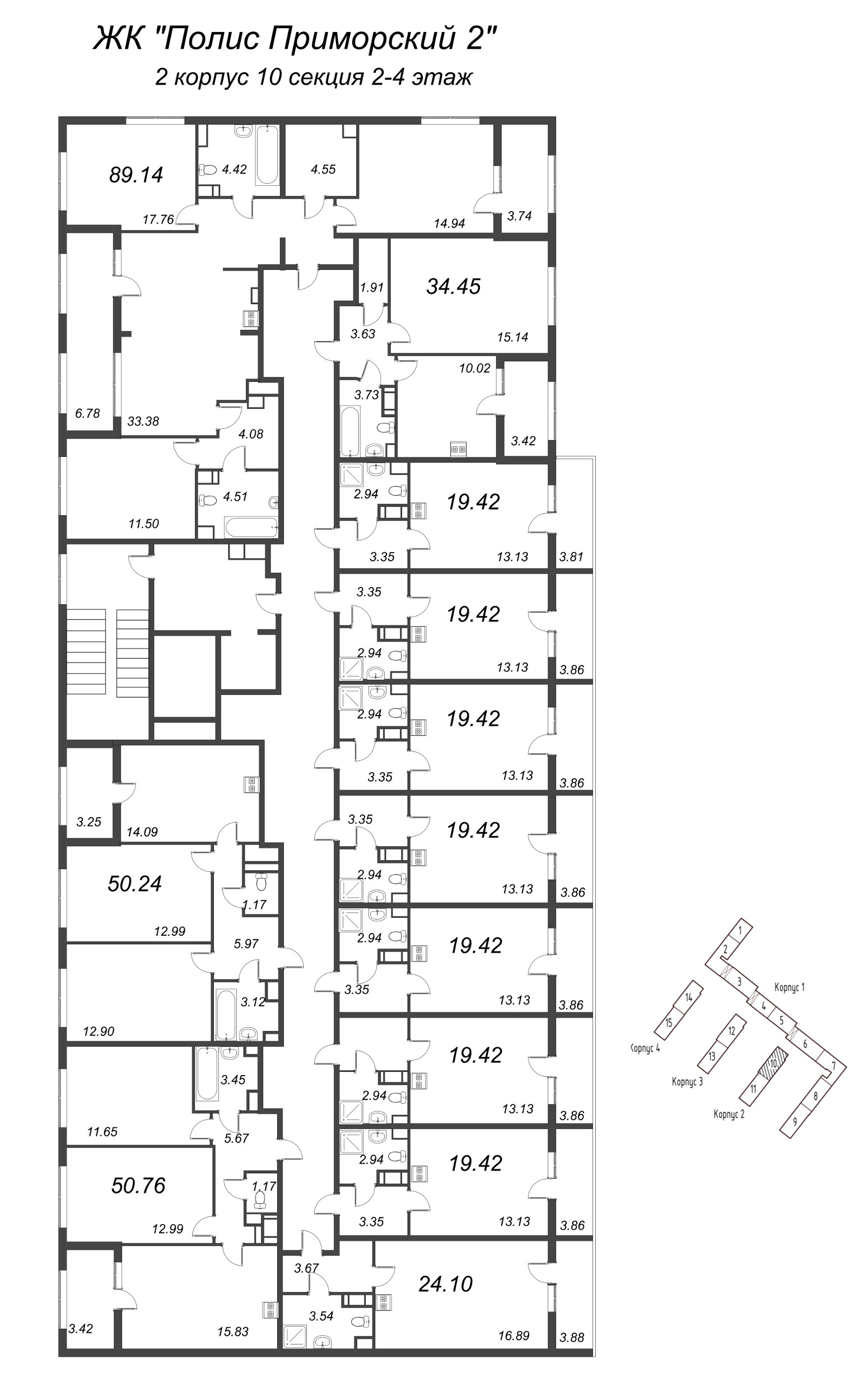 1-комнатная квартира, 34.45 м² - планировка этажа