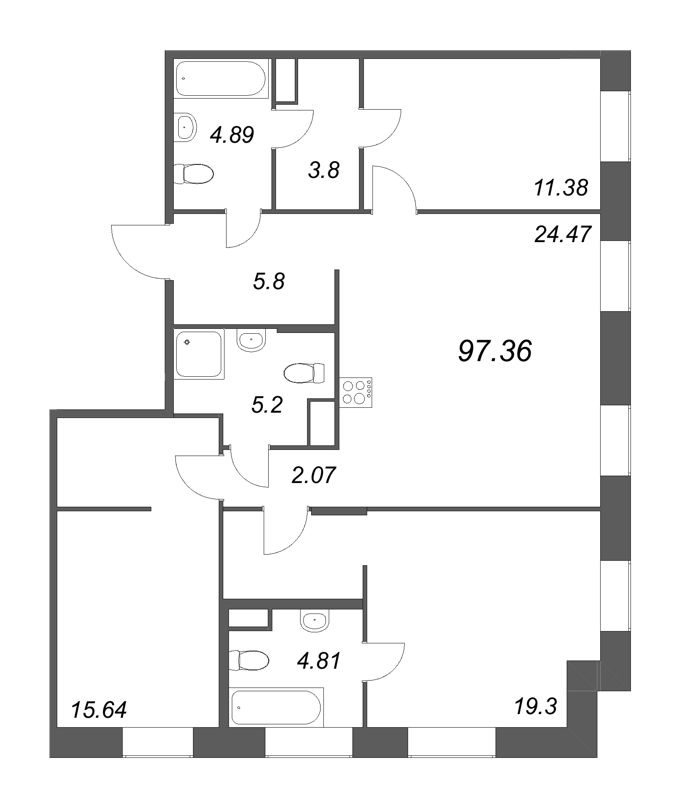 4-комнатная (Евро) квартира, 97.36 м² - планировка, фото №1