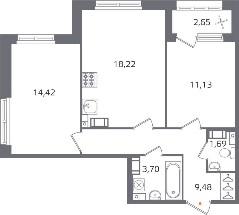 3-комнатная (Евро) квартира, 58.64 м² в ЖК "Б15" - планировка, фото №1