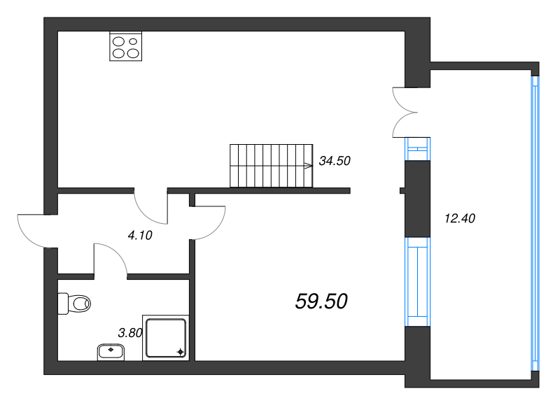 1-комнатная квартира, 59.9 м² - планировка, фото №1