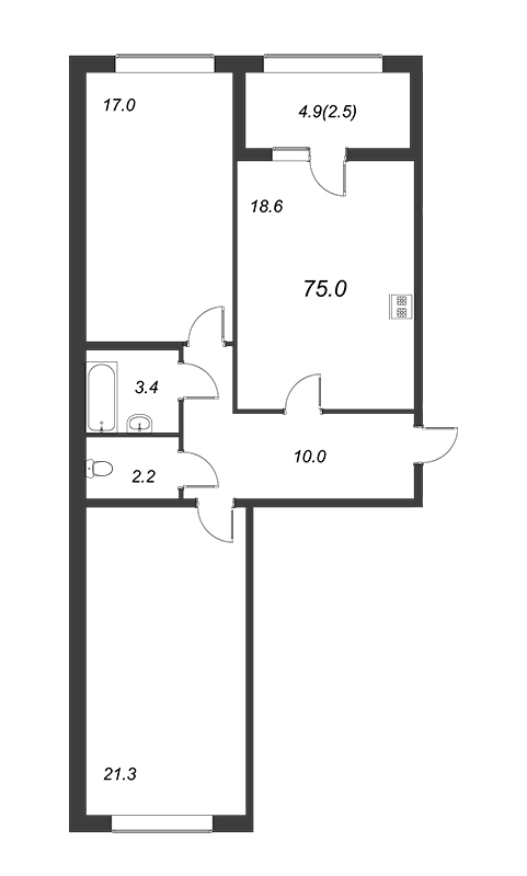 2-комнатная квартира, 75.2 м² - планировка, фото №1