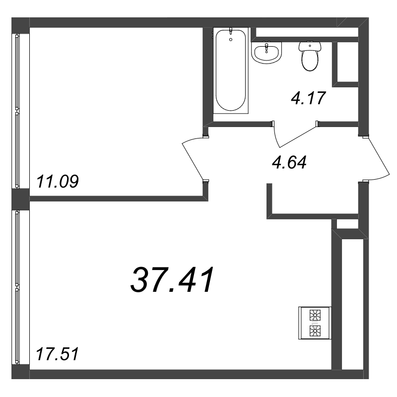 2-комнатная (Евро) квартира, 37.41 м² - планировка, фото №1