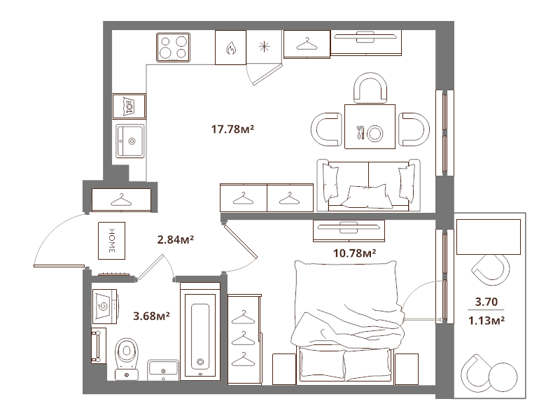 2-комнатная (Евро) квартира, 36.21 м² - планировка, фото №1