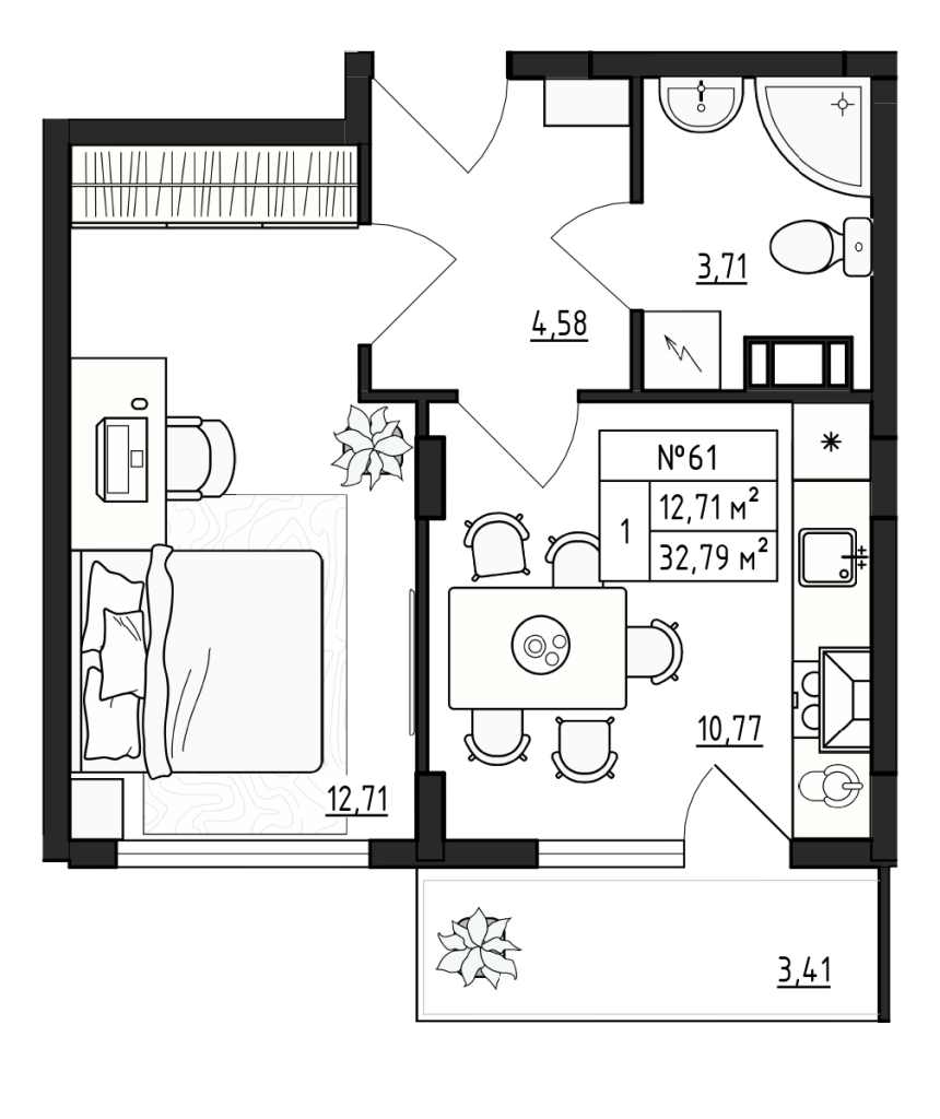 1-комнатная квартира, 32.79 м² в ЖК "Верево Сити" - планировка, фото №1