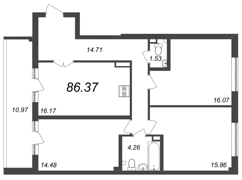 4-комнатная (Евро) квартира, 87.7 м² в ЖК "Neva Residence" - планировка, фото №1