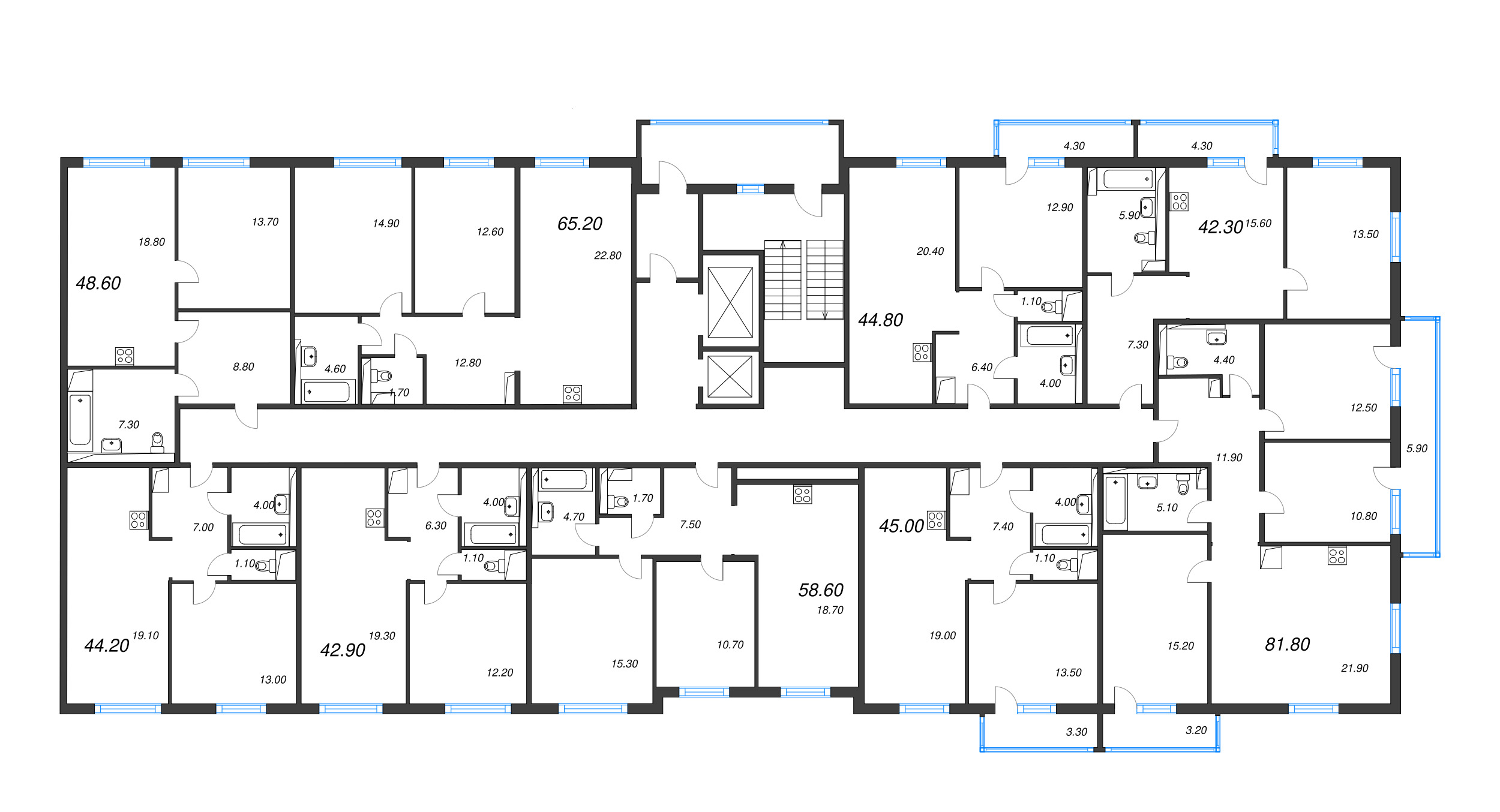 2-комнатная (Евро) квартира, 44.2 м² в ЖК "Руднева 15" - планировка этажа
