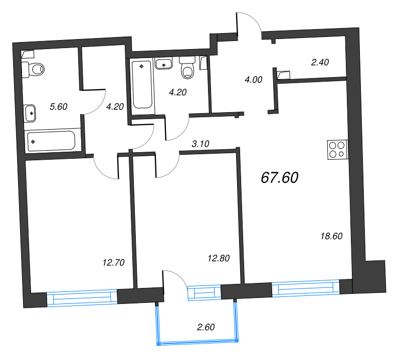 3-комнатная (Евро) квартира, 67.6 м² в ЖК "Цвет Зеленогорска" - планировка, фото №1