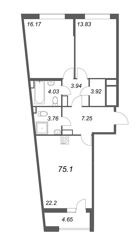 3-комнатная (Евро) квартира, 74.3 м² в ЖК "Чёрная речка" - планировка, фото №1