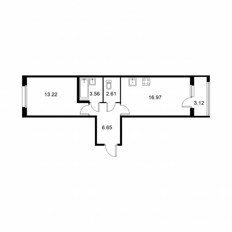 2-комнатная (Евро) квартира, 44.57 м² в ЖК "Квартал Заречье" - планировка, фото №1
