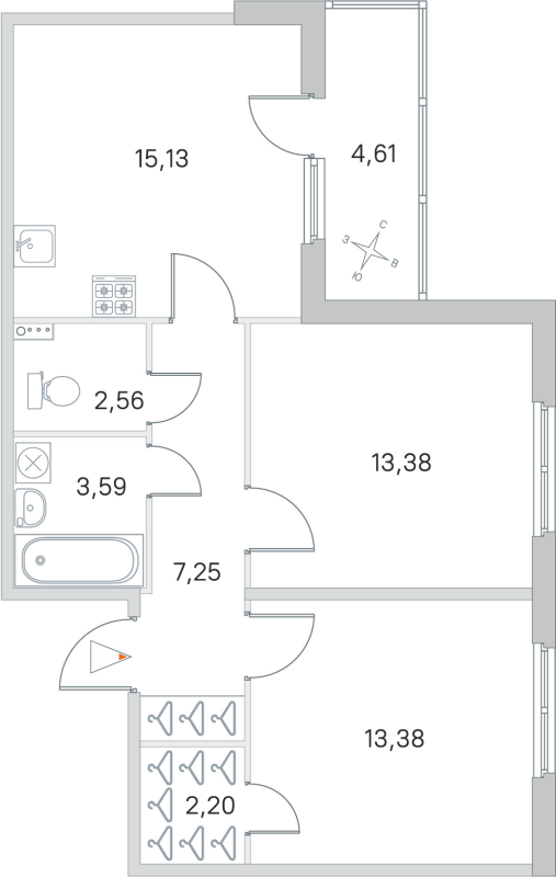 3-комнатная (Евро) квартира, 57.49 м² в ЖК "Любоград" - планировка, фото №1