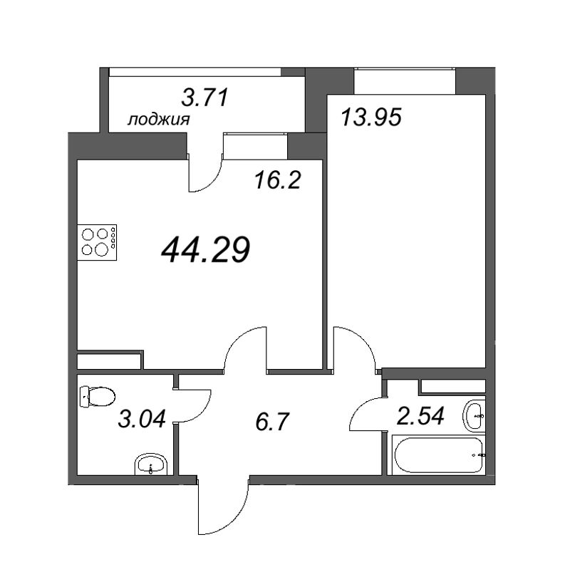 2-комнатная (Евро) квартира, 44.29 м² - планировка, фото №1