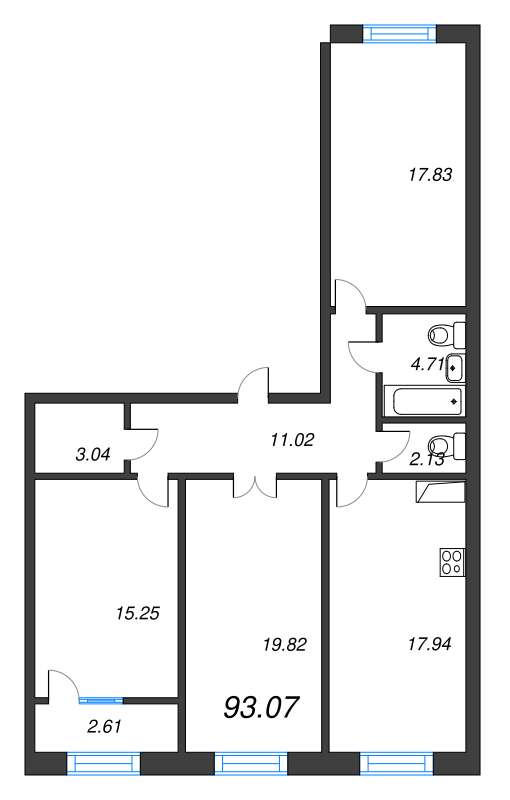 4-комнатная (Евро) квартира, 92.8 м² - планировка, фото №1