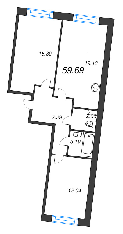 3-комнатная (Евро) квартира, 59.69 м² в ЖК "Остров Первых" - планировка, фото №1