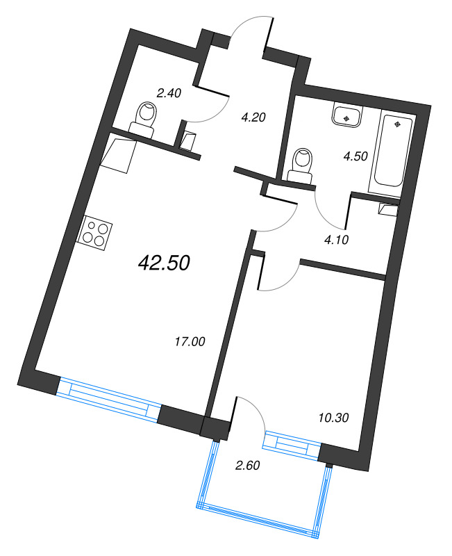 2-комнатная (Евро) квартира, 42.5 м² в ЖК "Цвет Зеленогорска" - планировка, фото №1