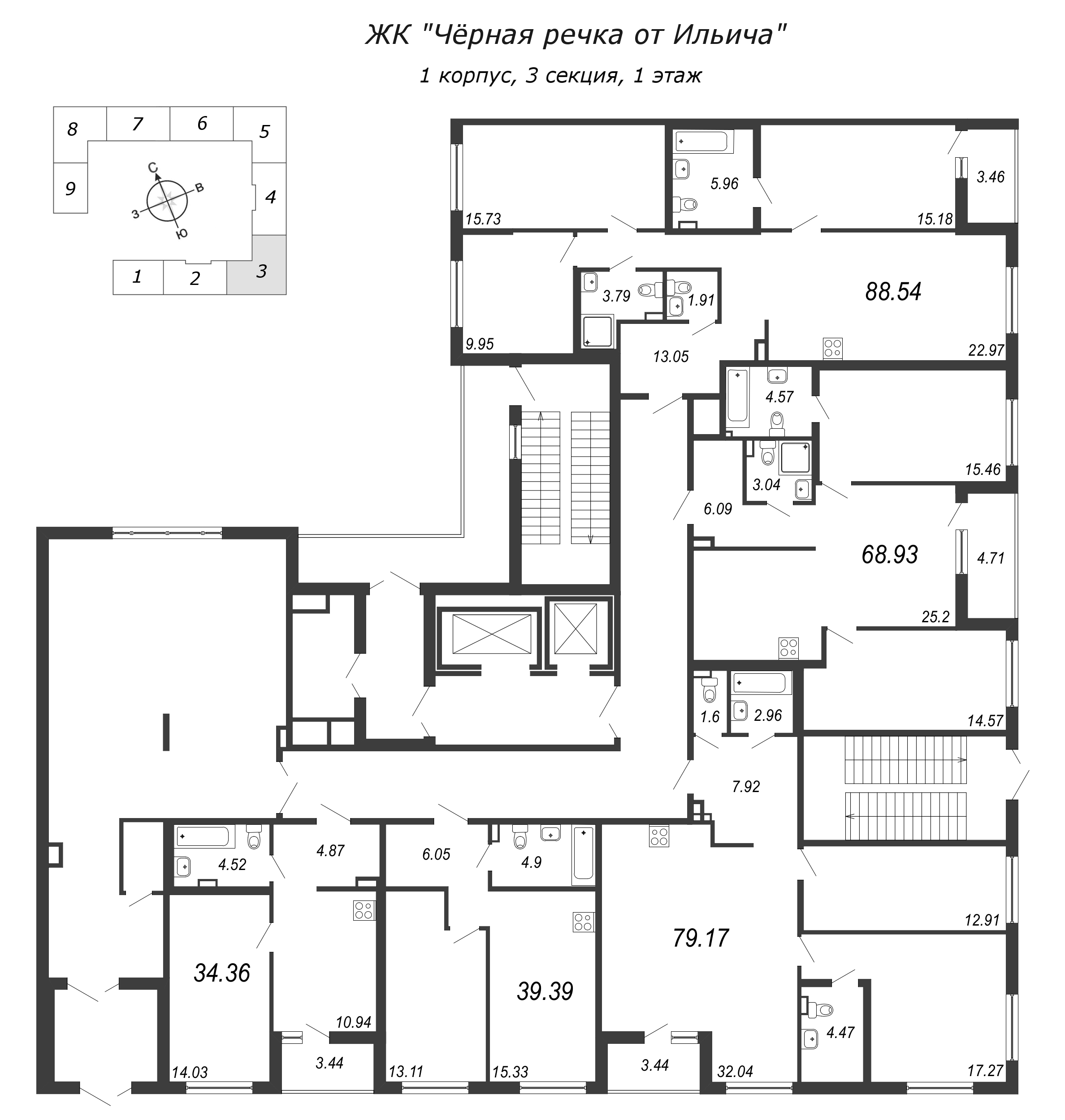 3-комнатная (Евро) квартира, 82.61 м² в ЖК "Чёрная речка" - планировка этажа