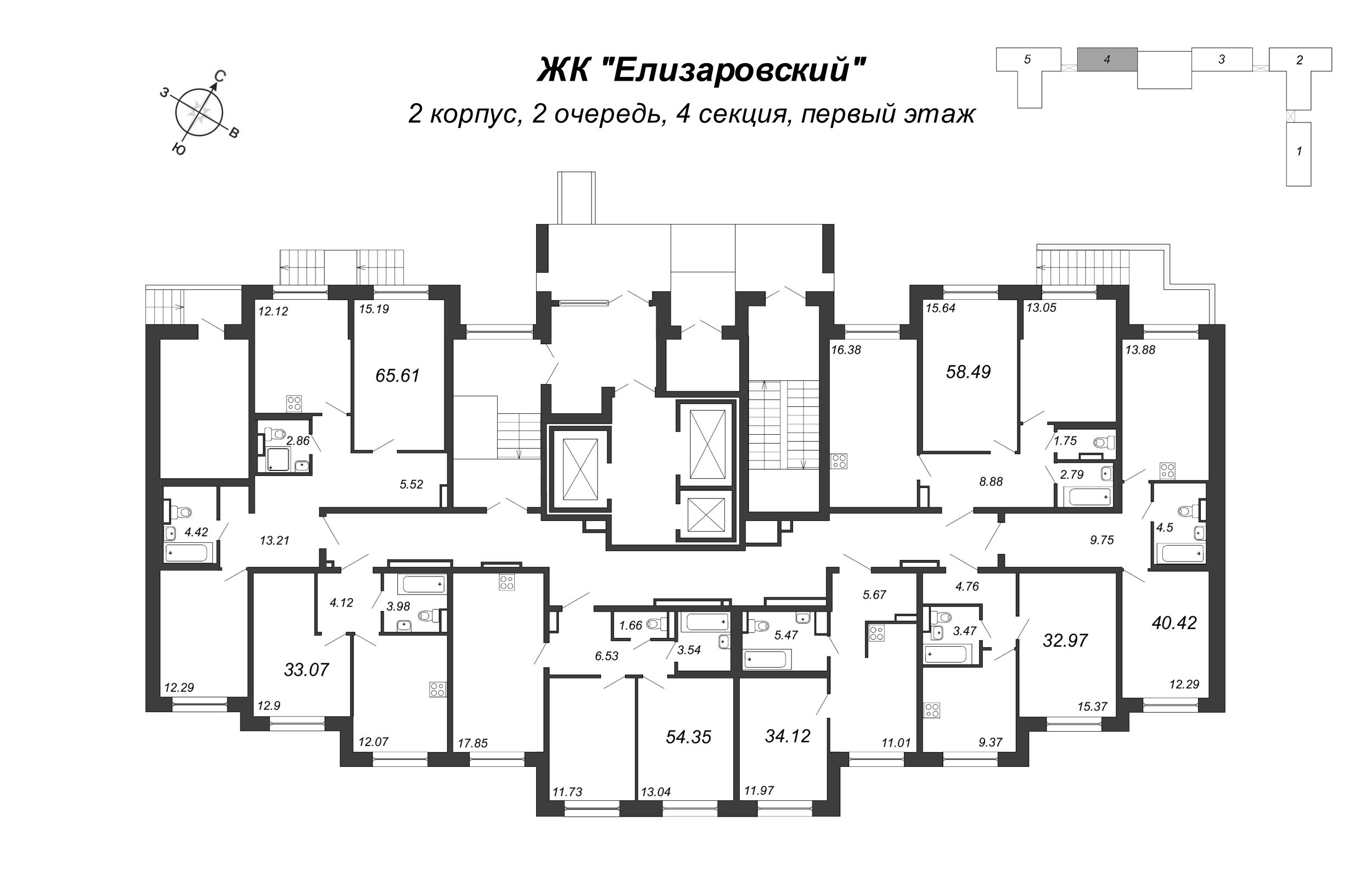 2-комнатная (Евро) квартира, 40.42 м² в ЖК "Елизаровский" - планировка этажа