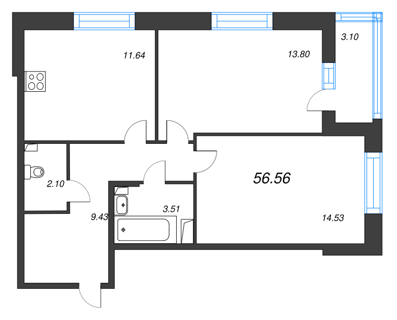 2-комнатная квартира, 56.56 м² - планировка, фото №1