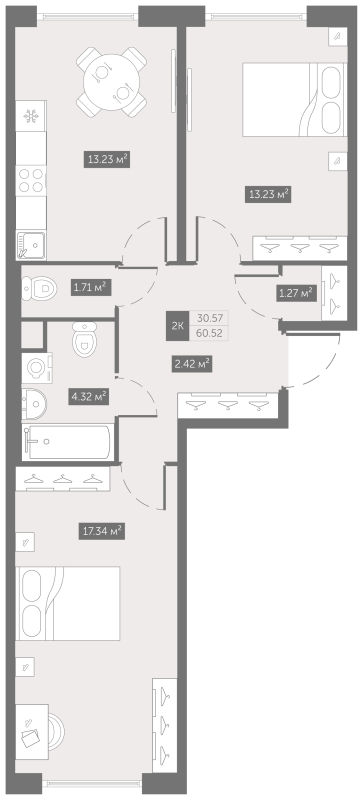 2-комнатная квартира, 60.52 м² - планировка, фото №1