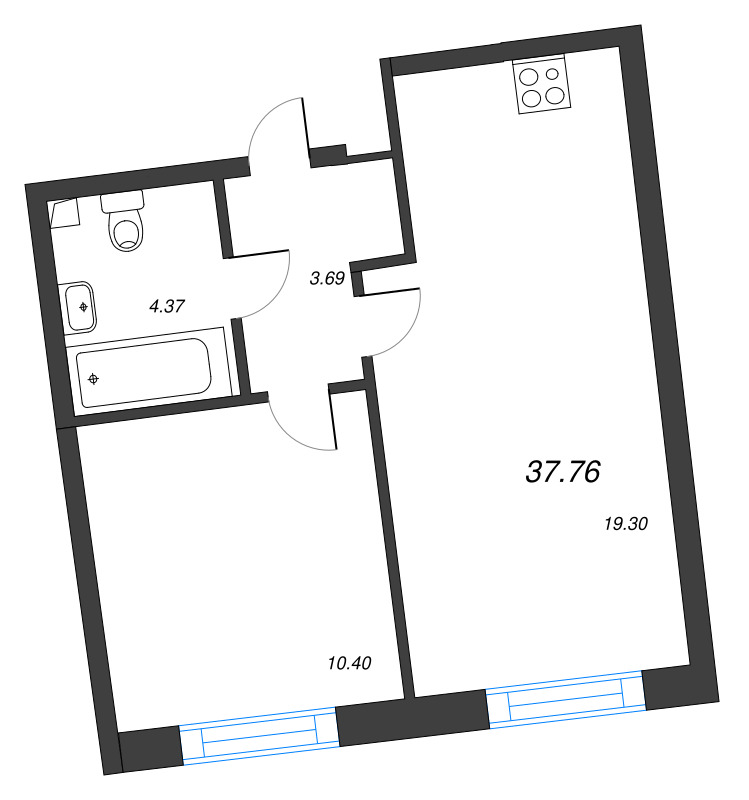 2-комнатная (Евро) квартира, 37.76 м² в ЖК "Бульвар Грина" - планировка, фото №1