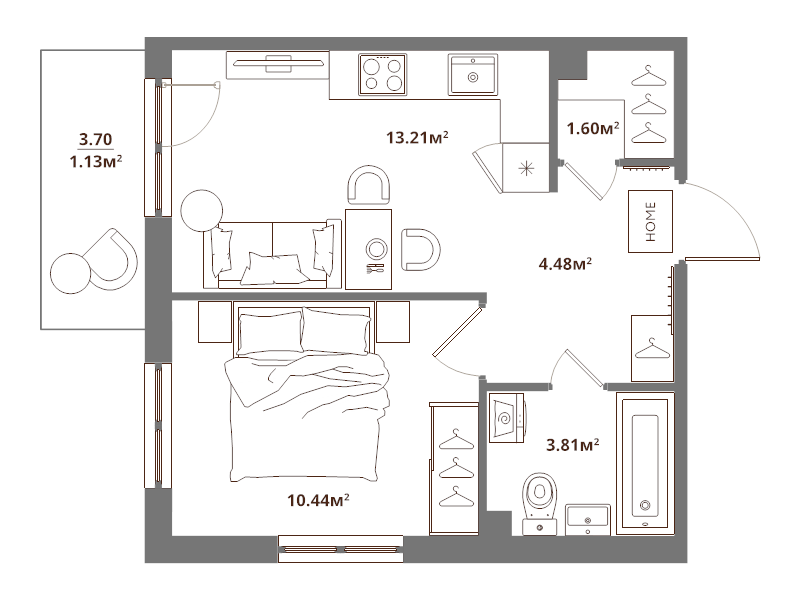 1-комнатная квартира, 34.67 м² в ЖК "ЛесArt" - планировка, фото №1