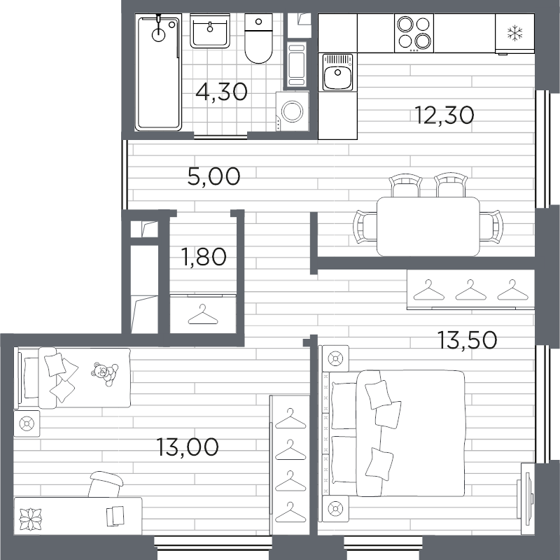 2-комнатная квартира, 49.9 м² в ЖК "PLUS Пулковский" - планировка, фото №1
