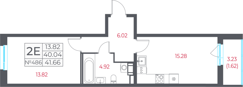 2-комнатная (Евро) квартира, 41.66 м² в ЖК "Город-спутник Южный" - планировка, фото №1